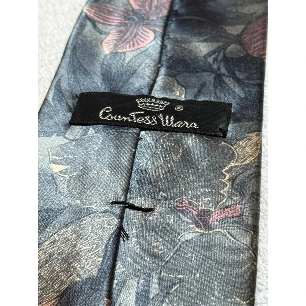 Countess Mara Sistine Satin Silk Tie Grey Mauve Floral Leaf Vintage Mens Tie